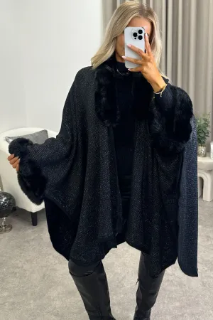 Marcella Black Glitter Lurex Faux Fur Trim Cape