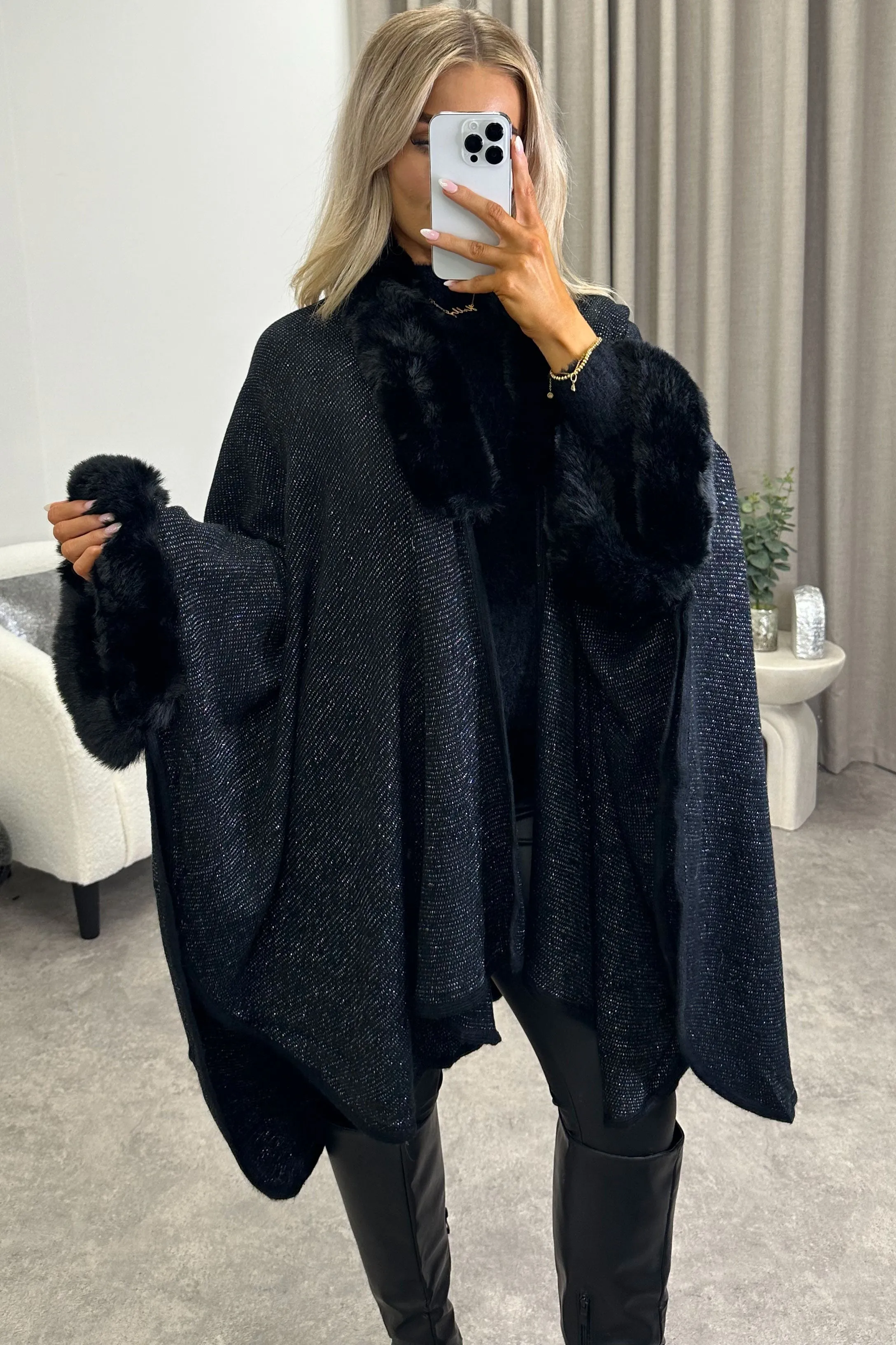 Marcella Black Glitter Lurex Faux Fur Trim Cape