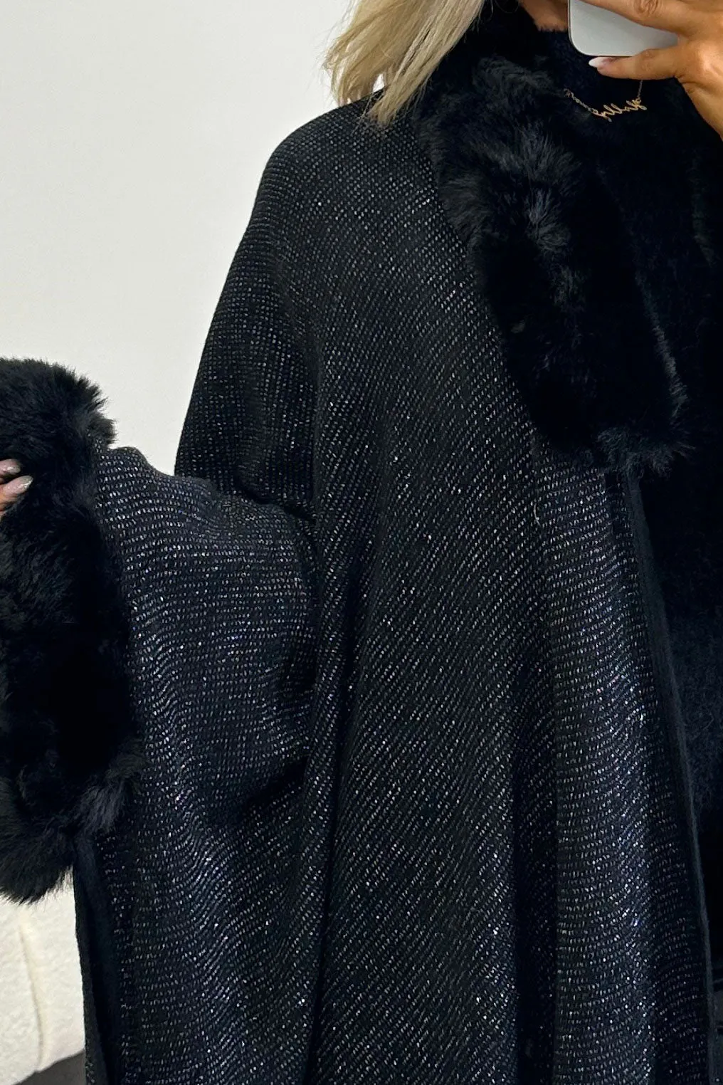 Marcella Black Glitter Lurex Faux Fur Trim Cape