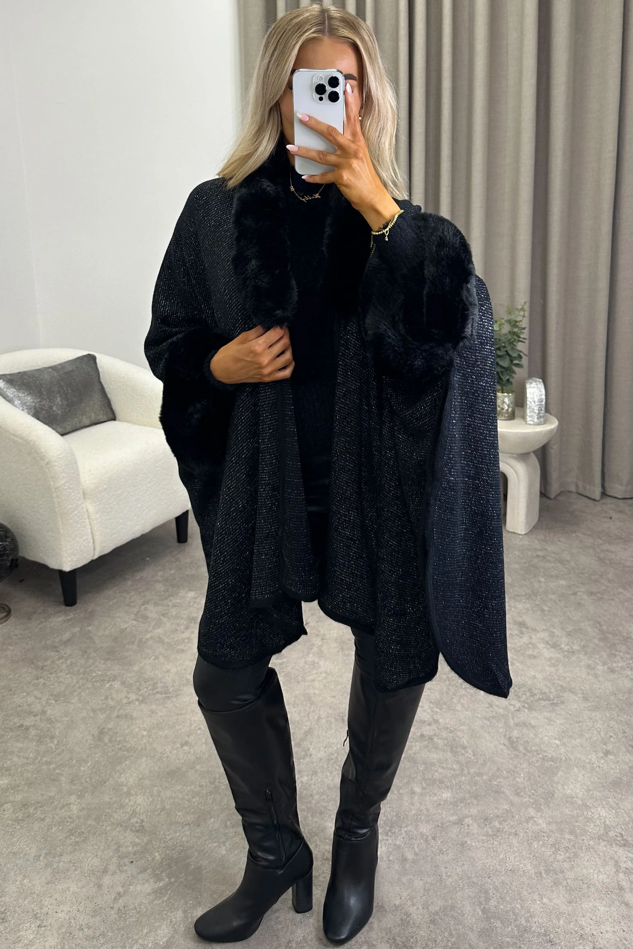 Marcella Black Glitter Lurex Faux Fur Trim Cape