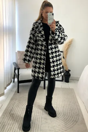 Marla Black and White Houndstooth Faux Wool Longline Jacket