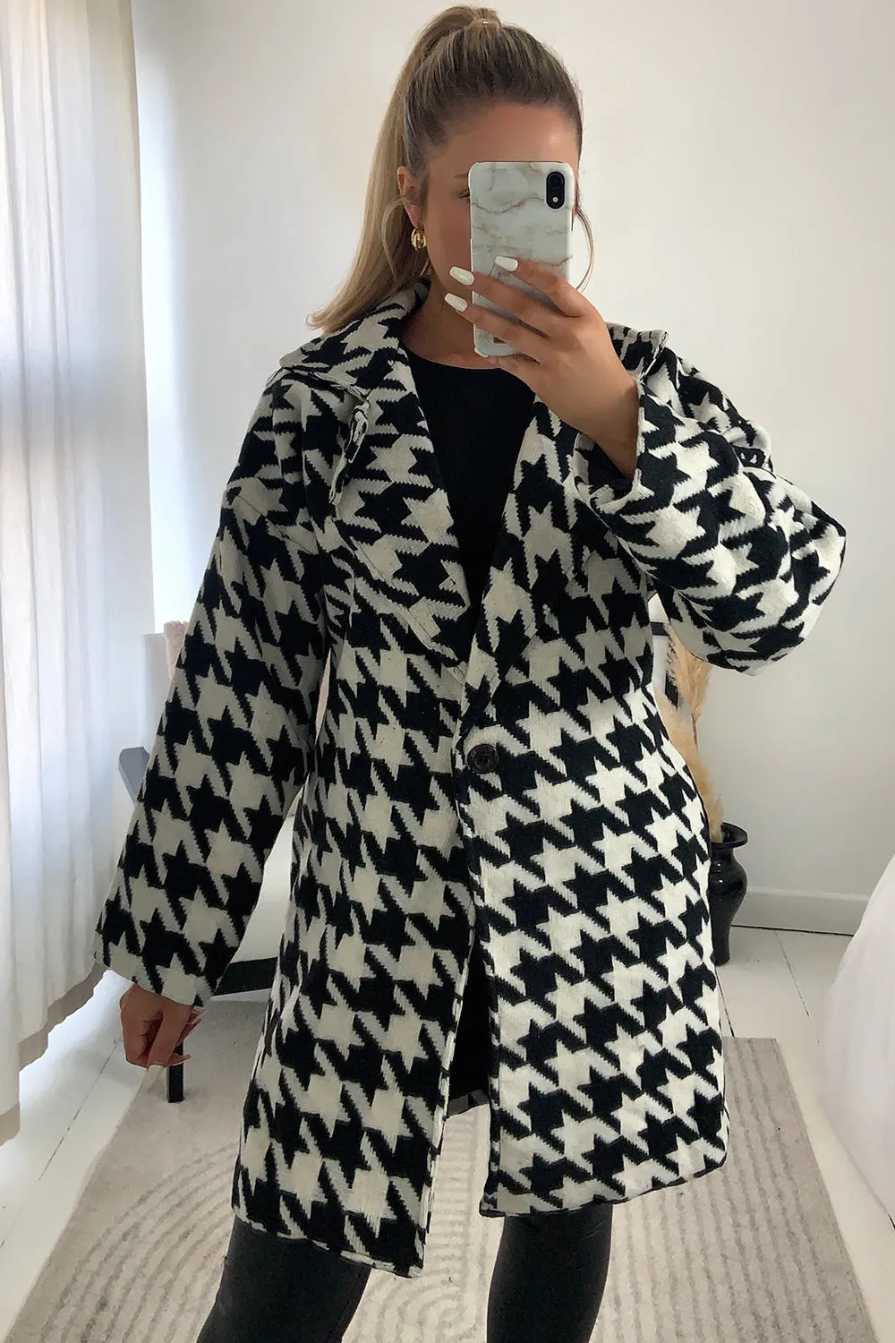 Marla Black and White Houndstooth Faux Wool Longline Jacket