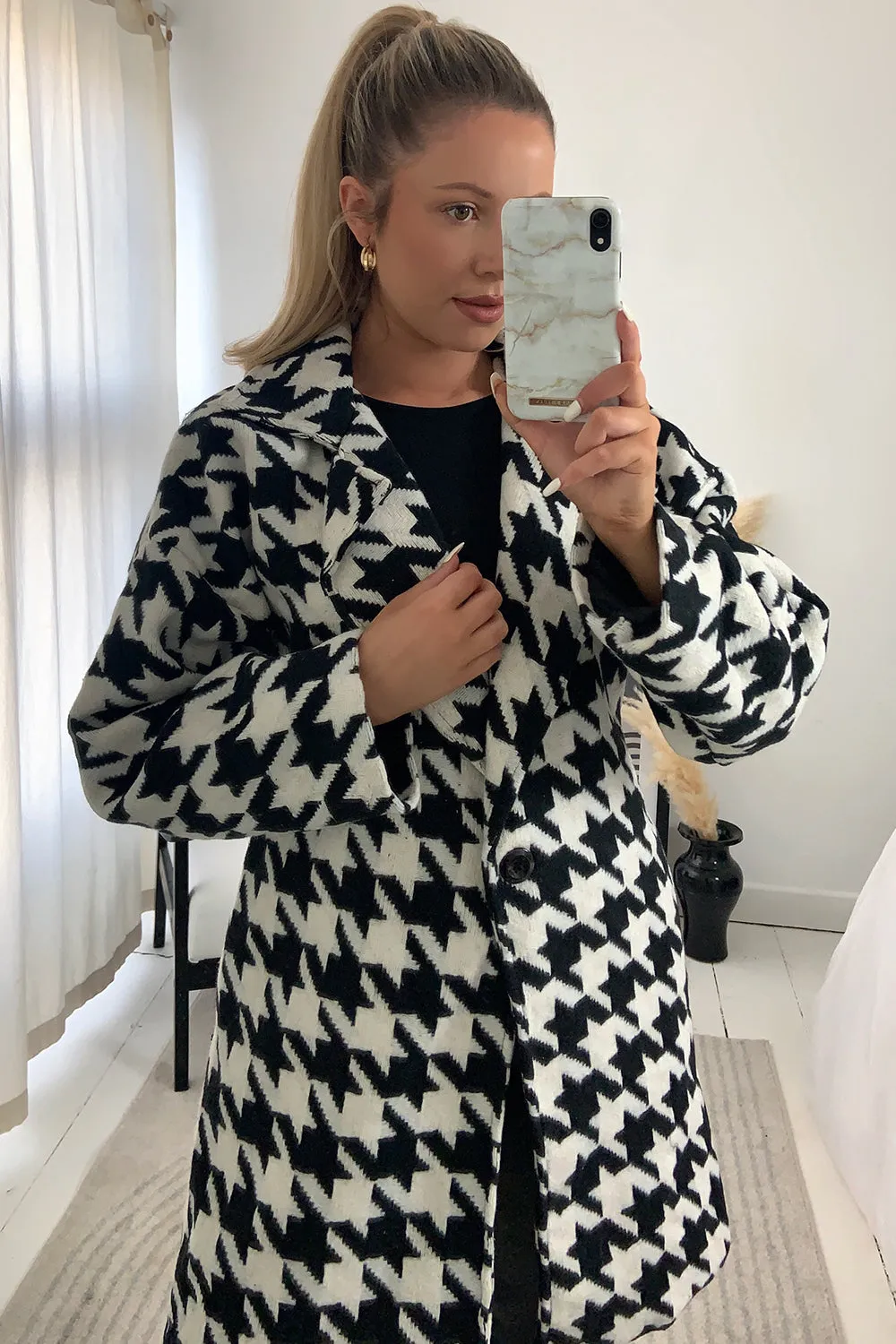 Marla Black and White Houndstooth Faux Wool Longline Jacket