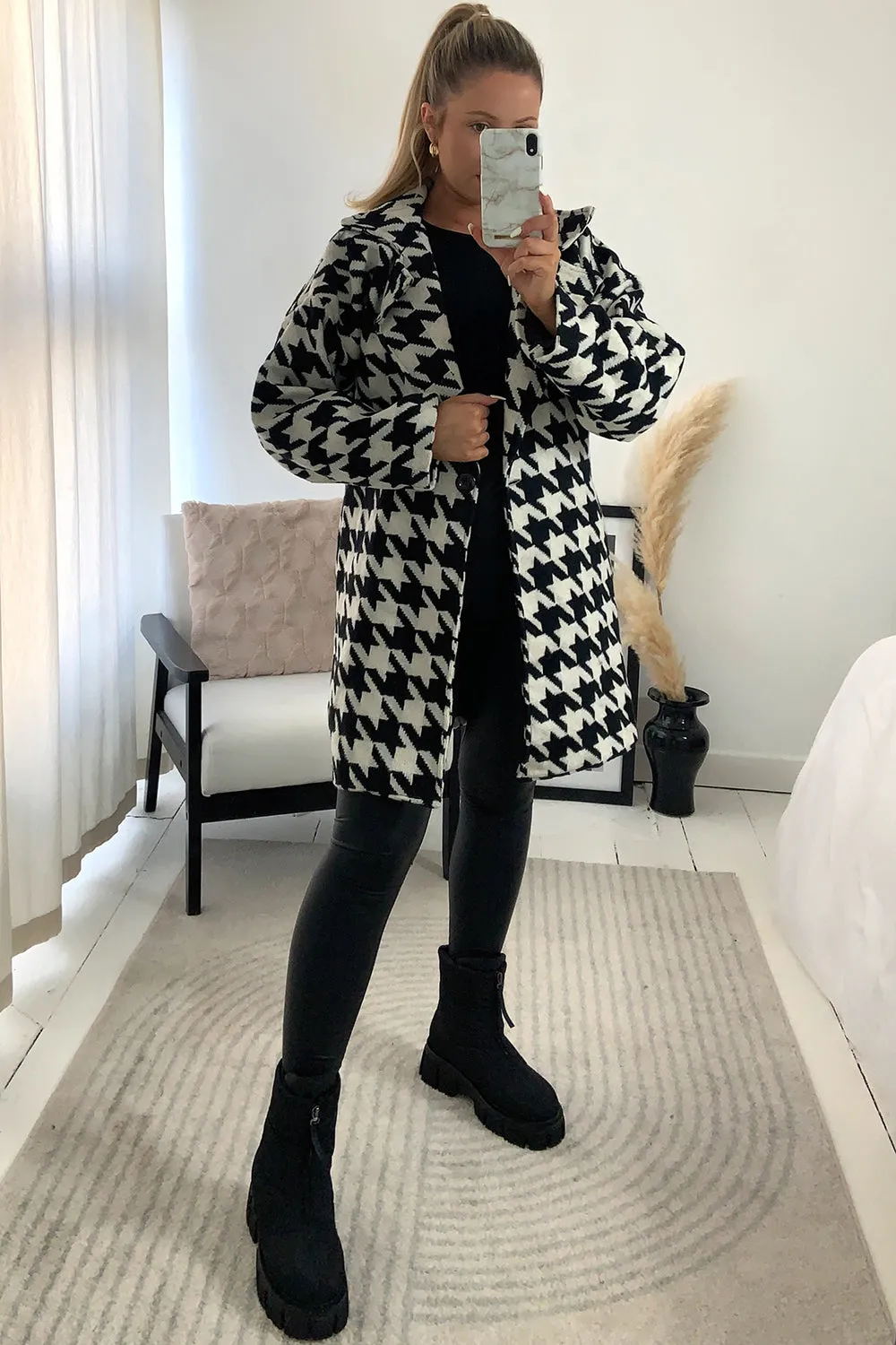 Marla Black and White Houndstooth Faux Wool Longline Jacket