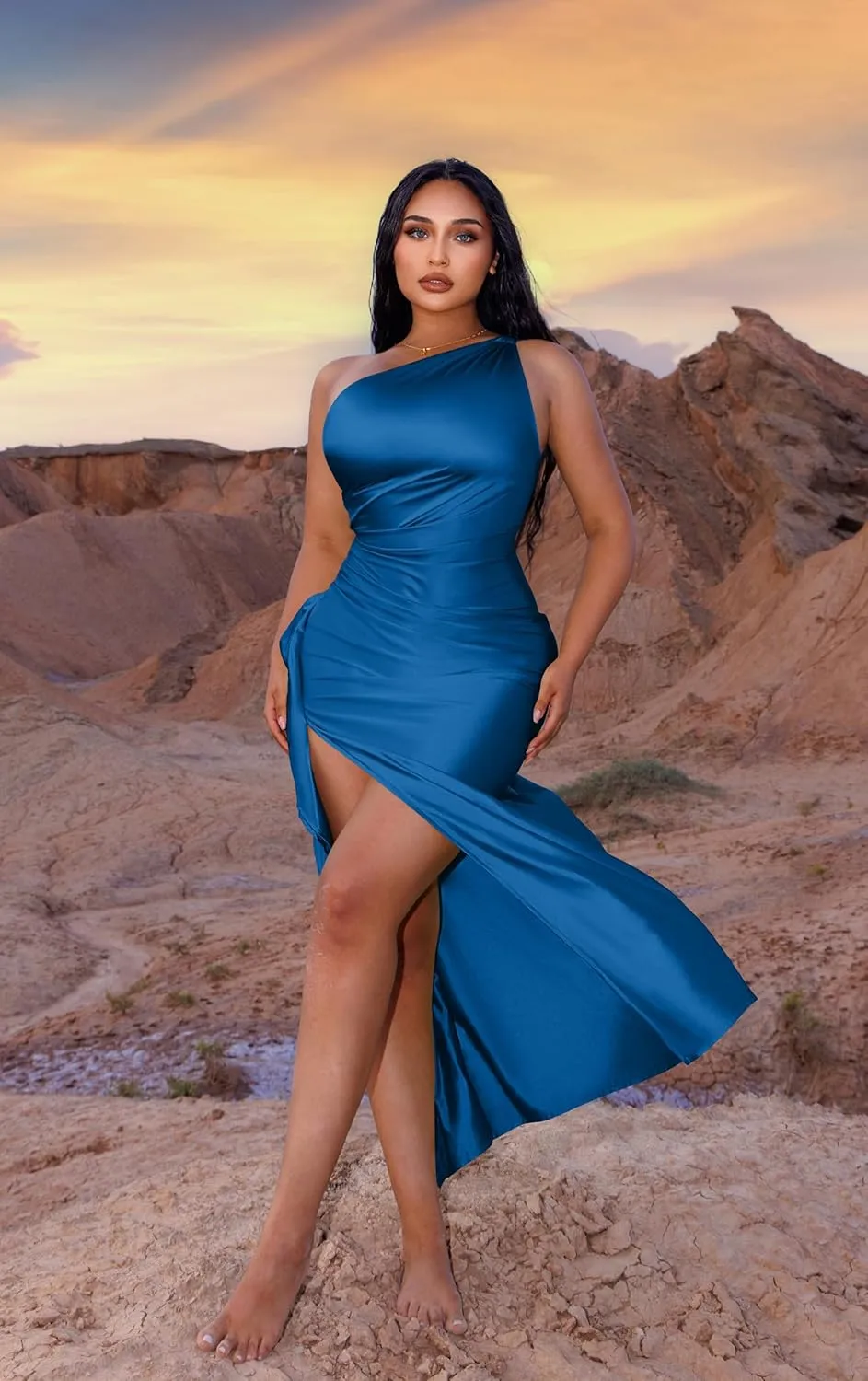 Memoriesea Women's Plus Size Satin Sexy One Shoulder High Split Cocktail Wedding Party Maxi Dress