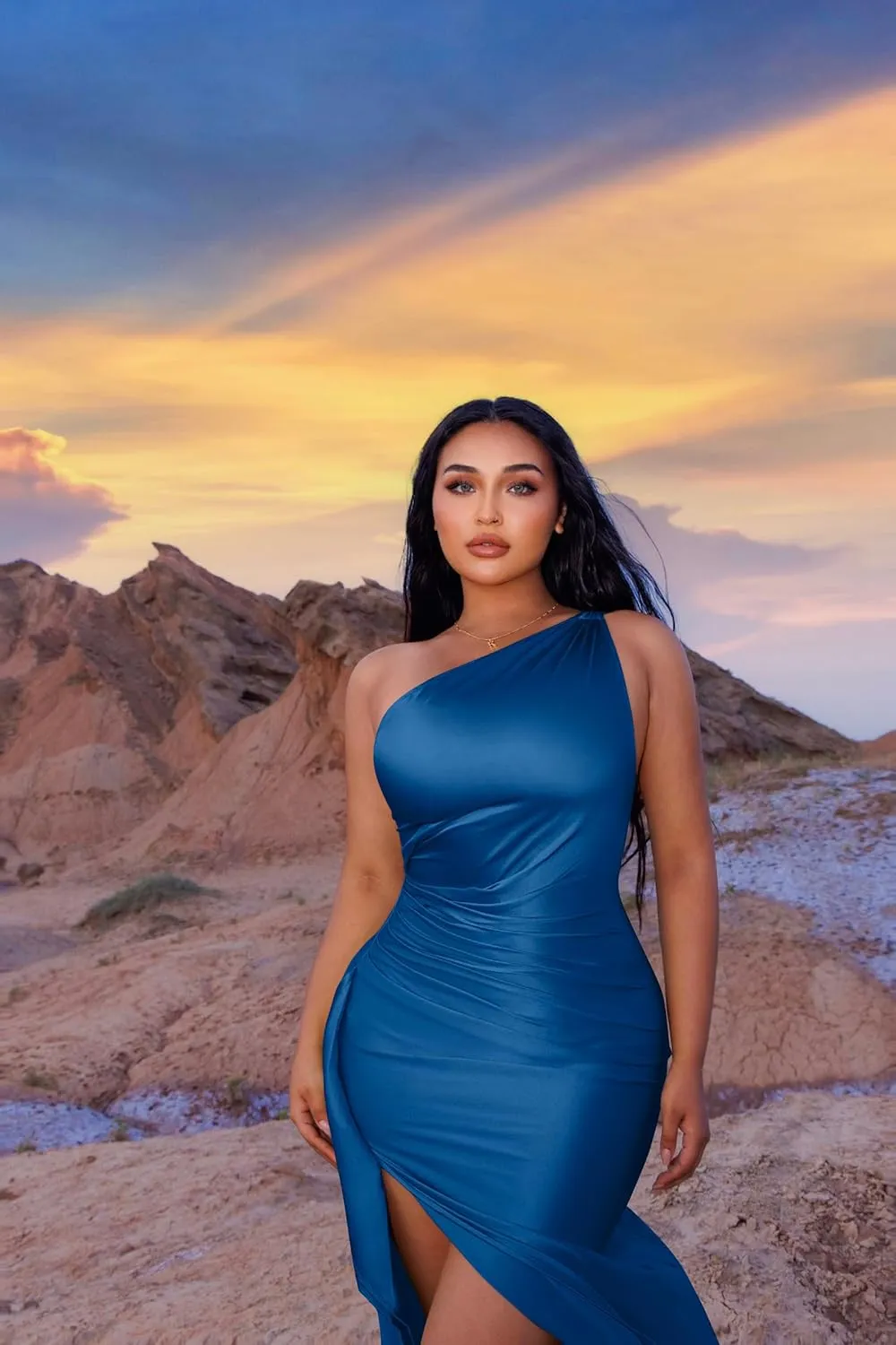 Memoriesea Women's Plus Size Satin Sexy One Shoulder High Split Cocktail Wedding Party Maxi Dress