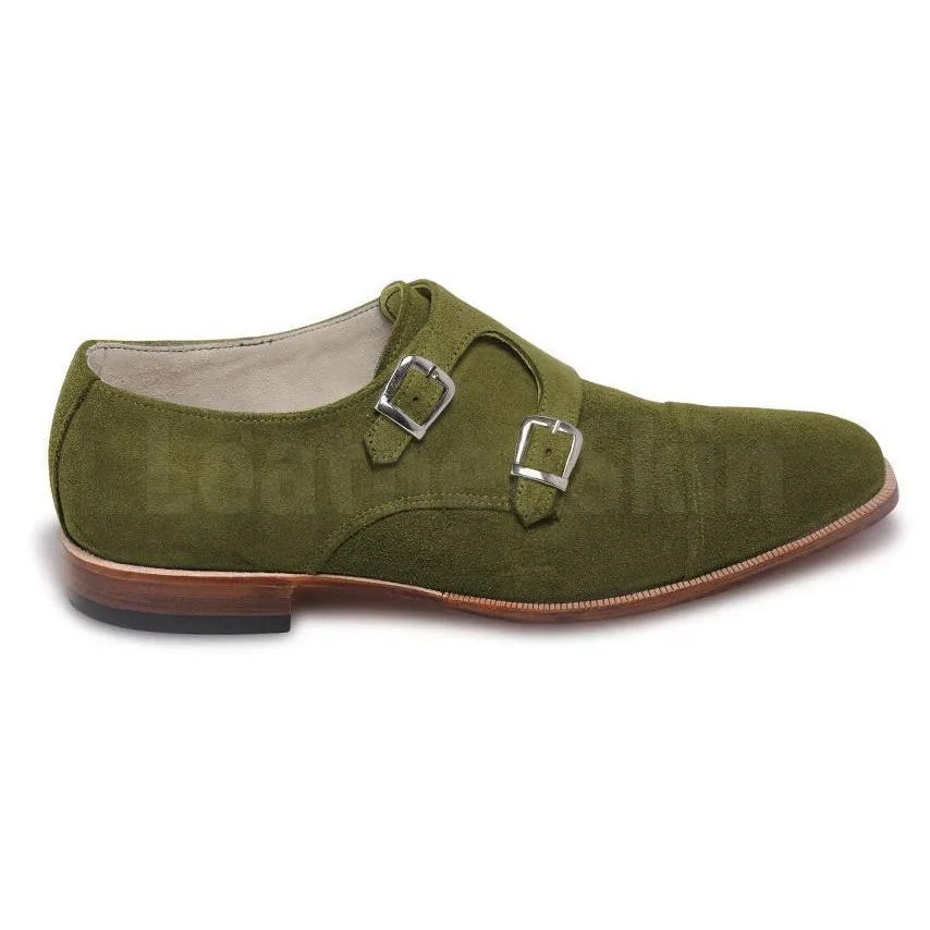 Men Green Double Monk Suede Leather Shoes