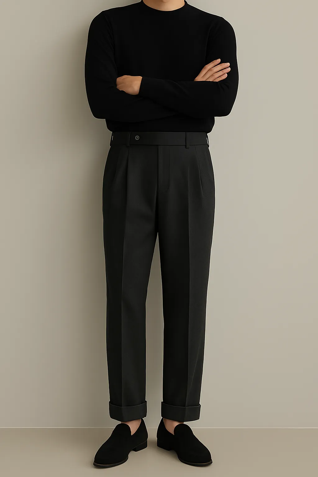 Mens Dress Trousers  Wool Blend  High Waist  Pleated Front  Cuffed Hem  Straight Leg