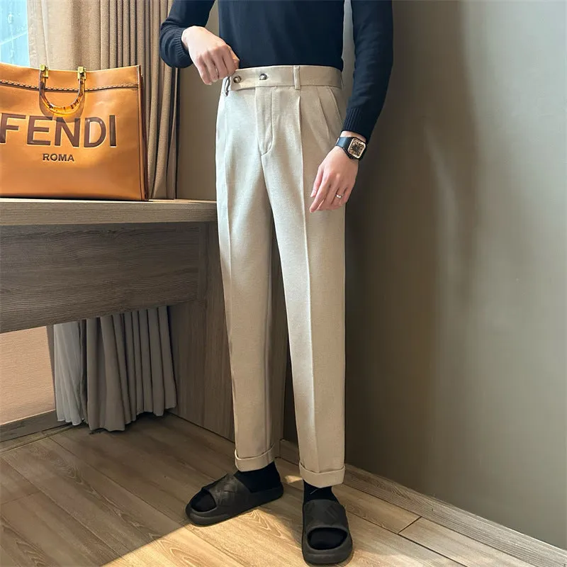 Mens Dress Trousers  Wool Blend  High Waist  Pleated Front  Cuffed Hem  Straight Leg