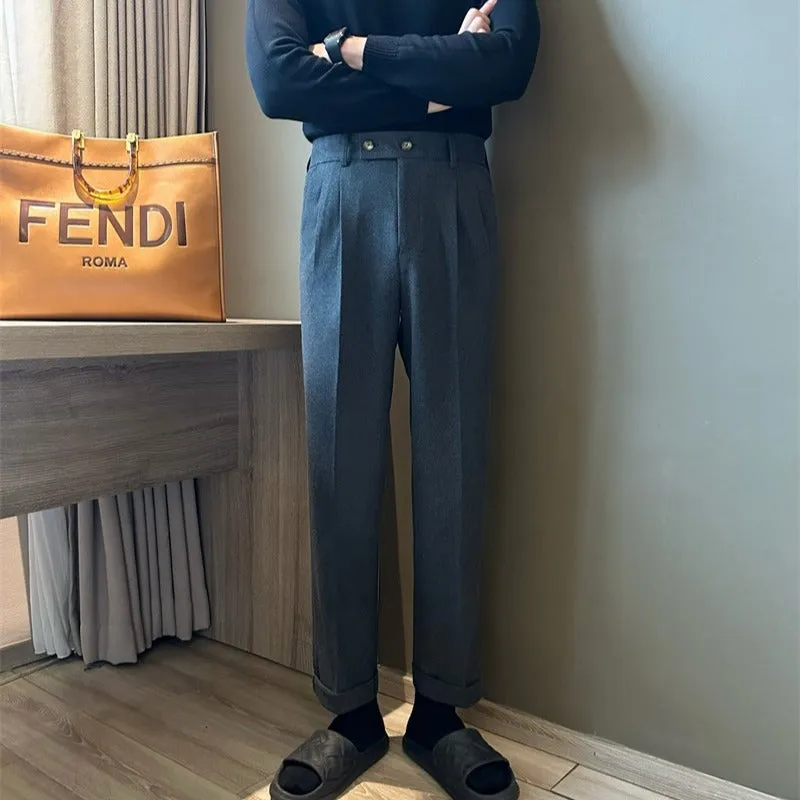 Mens Dress Trousers  Wool Blend  High Waist  Pleated Front  Cuffed Hem  Straight Leg