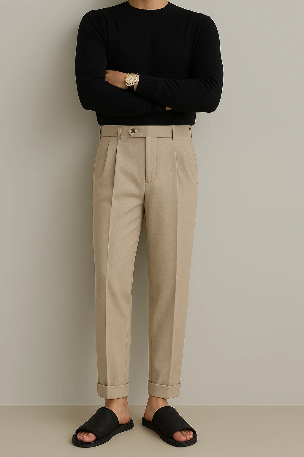 Mens Dress Trousers  Wool Blend  High Waist  Pleated Front  Cuffed Hem  Straight Leg