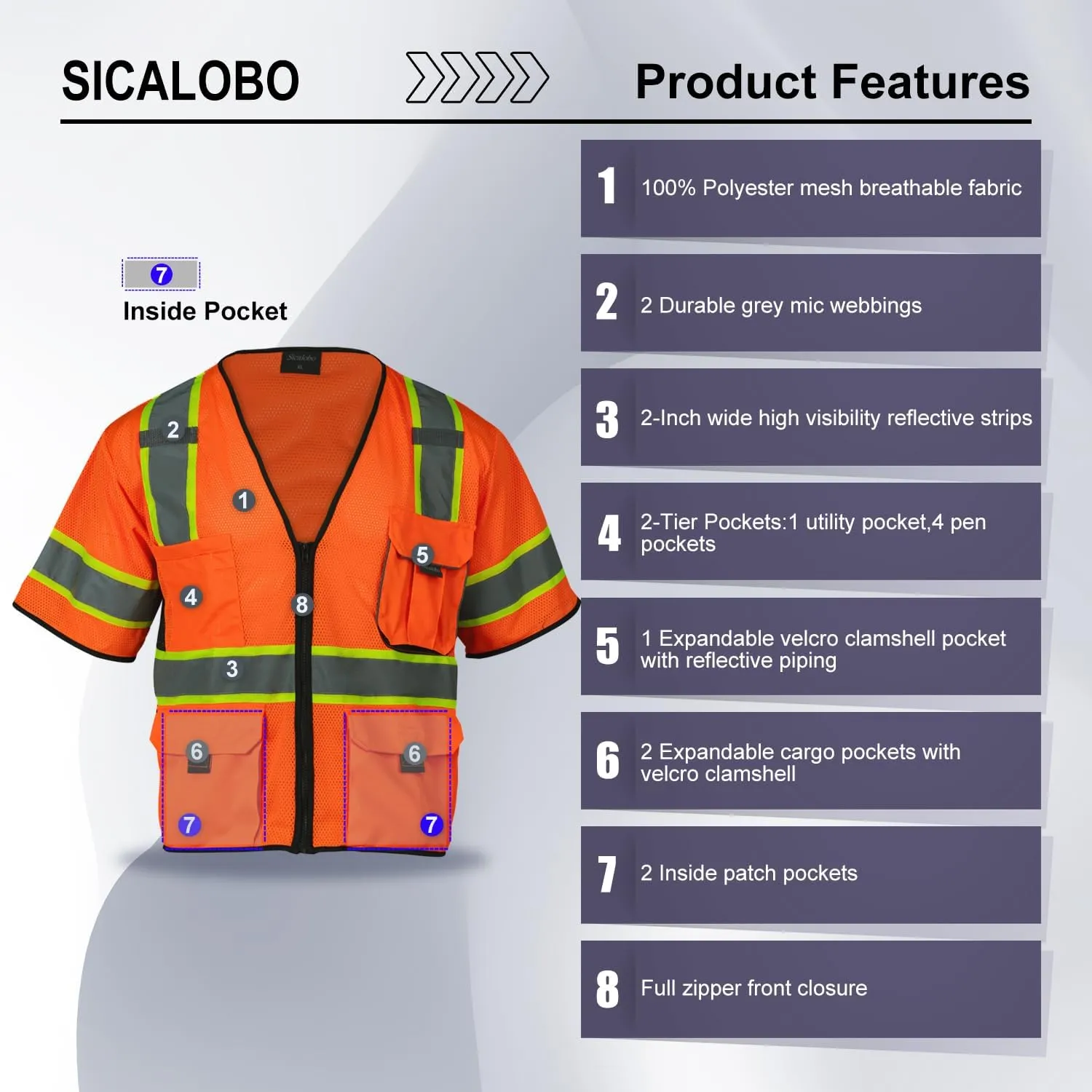 Men's High Visibility Safety Mesh Vest with 10 Pockets,Hi Vis Class 3 Reflective Work Vests Zipper Front Workwear