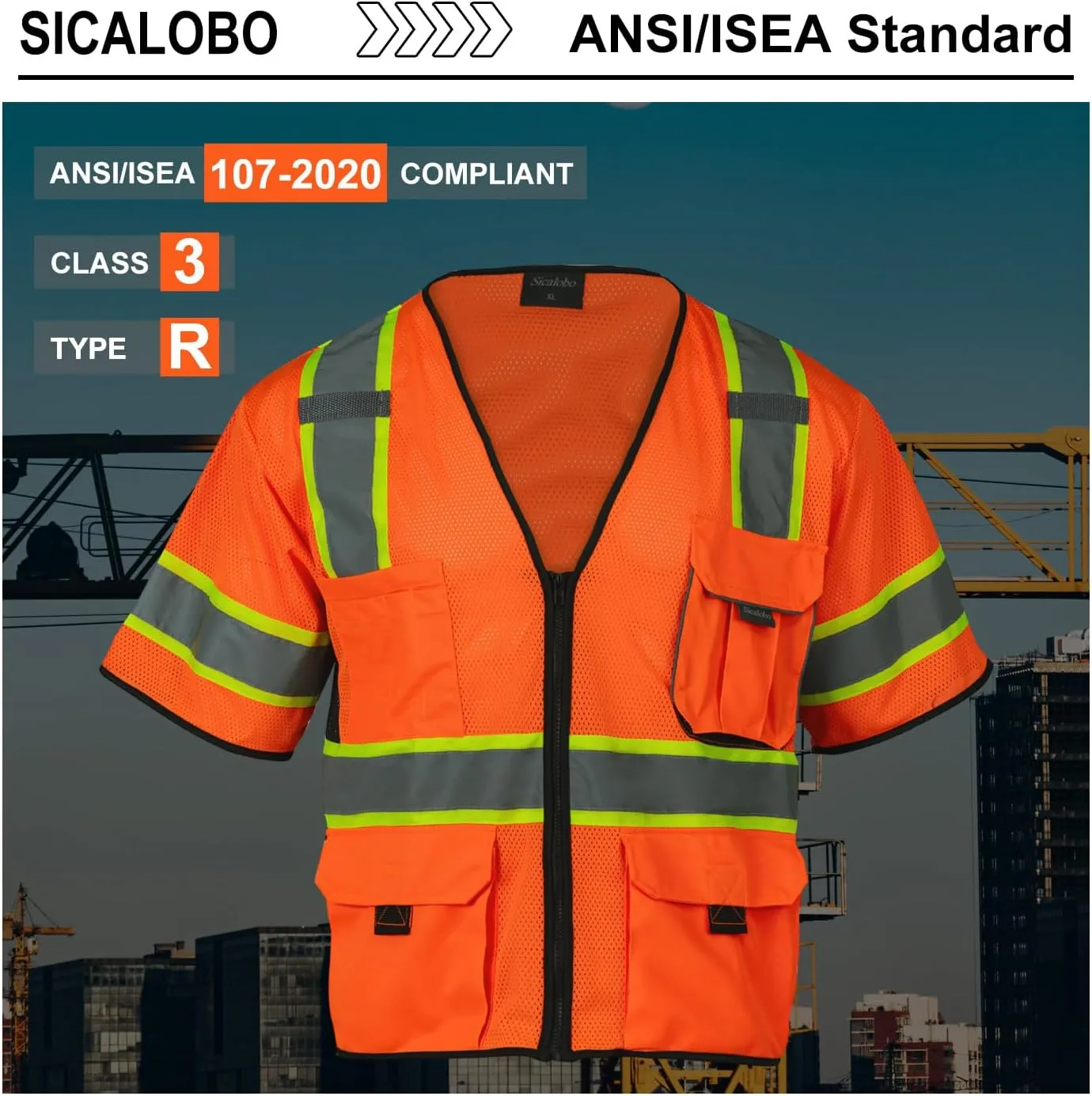 Men's High Visibility Safety Mesh Vest with 10 Pockets,Hi Vis Class 3 Reflective Work Vests Zipper Front Workwear