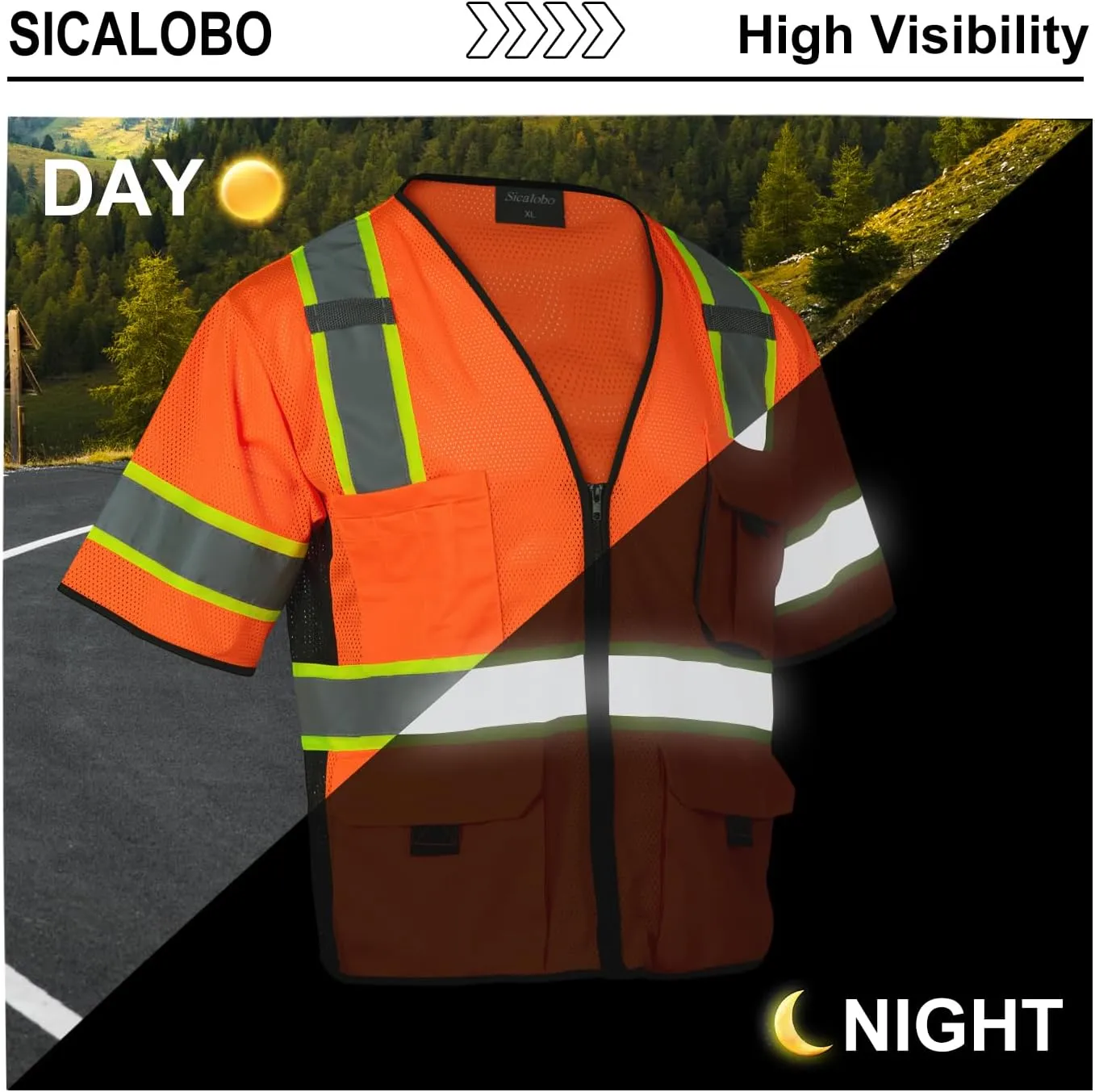 Men's High Visibility Safety Mesh Vest with 10 Pockets,Hi Vis Class 3 Reflective Work Vests Zipper Front Workwear