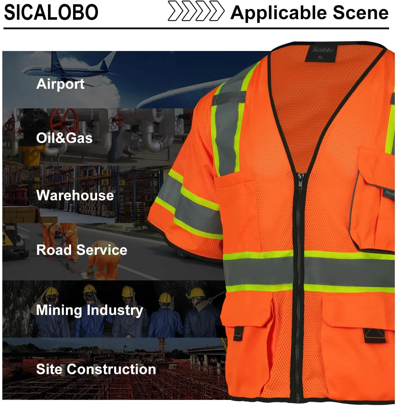 Men's High Visibility Safety Mesh Vest with 10 Pockets,Hi Vis Class 3 Reflective Work Vests Zipper Front Workwear