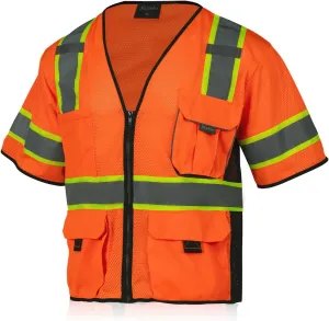 Men's High Visibility Safety Mesh Vest with 10 Pockets,Hi Vis Class 3 Reflective Work Vests Zipper Front Workwear