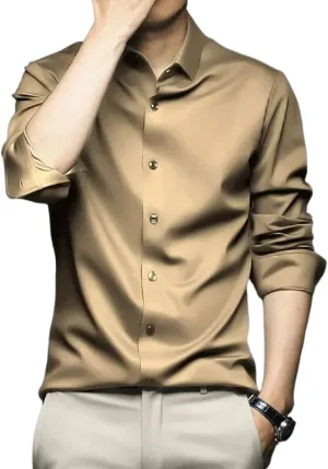 Mens Social Shirt Long Sleeve Solid Color Silk Business Formal Dress Shirts
