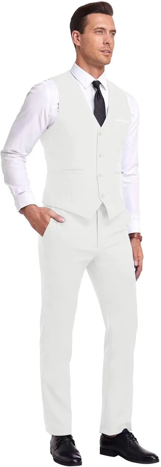 Mens Suits Vest Pant Set, Slim Fit 2 Pieces Casual Suit Waistcoat Wedding Groomsmen
