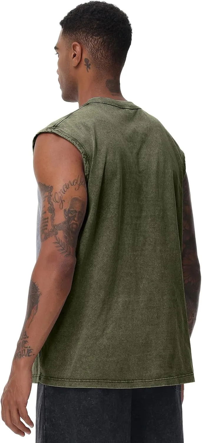 Mens Workout Tank Tops Sleeveless Tee Shirts Men Muscle Shirt Gym Acid Wash T Shirts Running Beach Loose Fit Tee