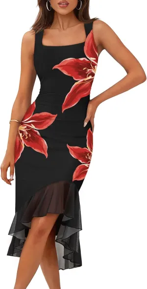 MEROKEETY Women's Summer Floral Bodycon Dress Square Neck Sleeveless Ruffle Hem Cocktail Mesh Midi Dress