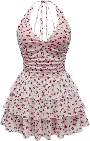 Milumia Women's Fruit Print Ruched Halter Dress Tiered Layered Ruffle Mini Dresses