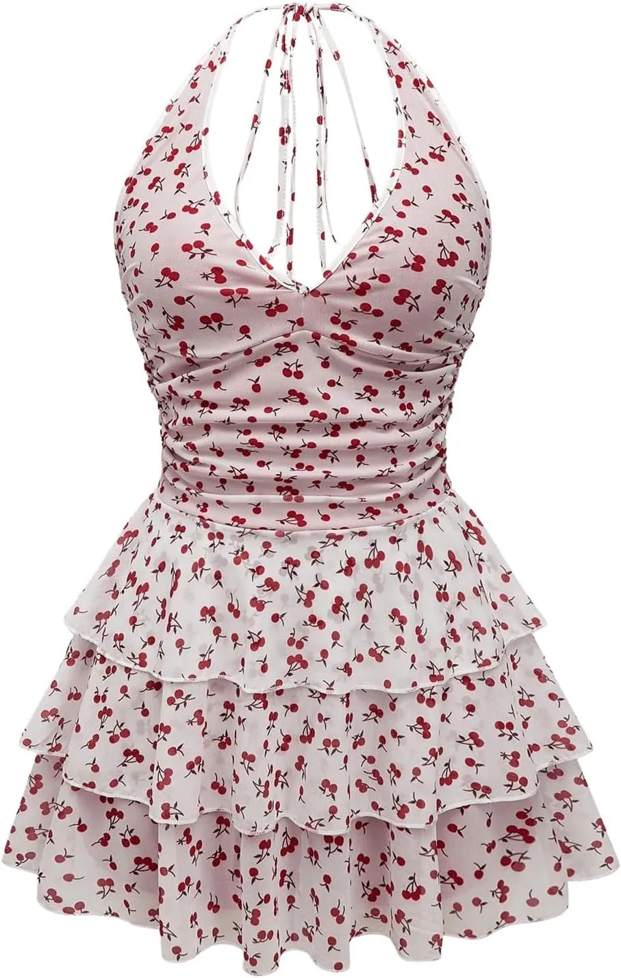 Milumia Women's Fruit Print Ruched Halter Dress Tiered Layered Ruffle Mini Dresses