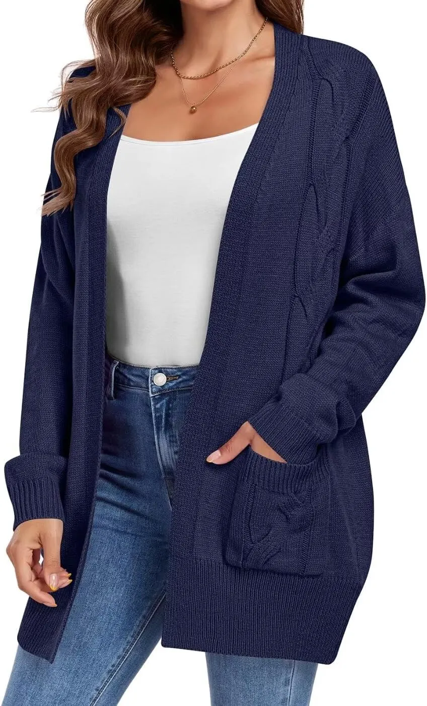 MONNURO Plus Size Cardigan Sweater for Women Long Sleeve Cable Knit Open Front Cardigan Outwear with Pockets