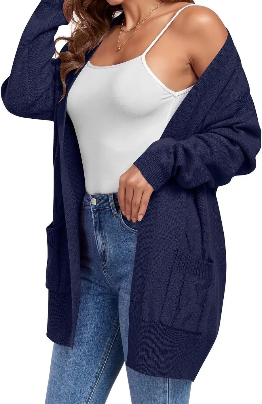 MONNURO Plus Size Cardigan Sweater for Women Long Sleeve Cable Knit Open Front Cardigan Outwear with Pockets