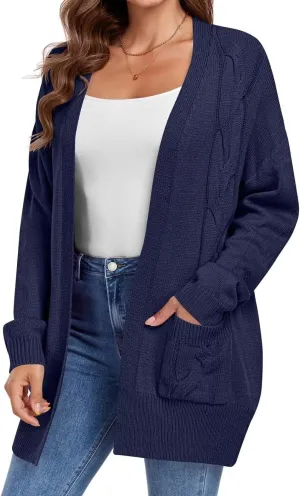 MONNURO Plus Size Cardigan Sweater for Women Long Sleeve Cable Knit Open Front Cardigan Outwear with Pockets