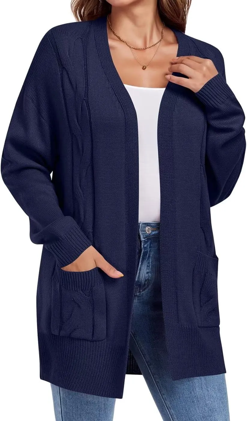MONNURO Plus Size Cardigan Sweater for Women Long Sleeve Cable Knit Open Front Cardigan Outwear with Pockets