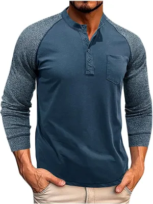 Muscularfit Shirts for Men Long Sleeve Button Up Henley Tshirt Casual Color Block Loose Pullover Athletic Gym Workout Tee Top