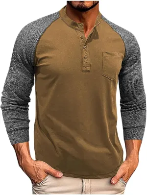 Muscularfit Shirts for Men Long Sleeve Button Up Henley Tshirt Casual Color Block Loose Pullover Athletic Gym Workout Tee Top