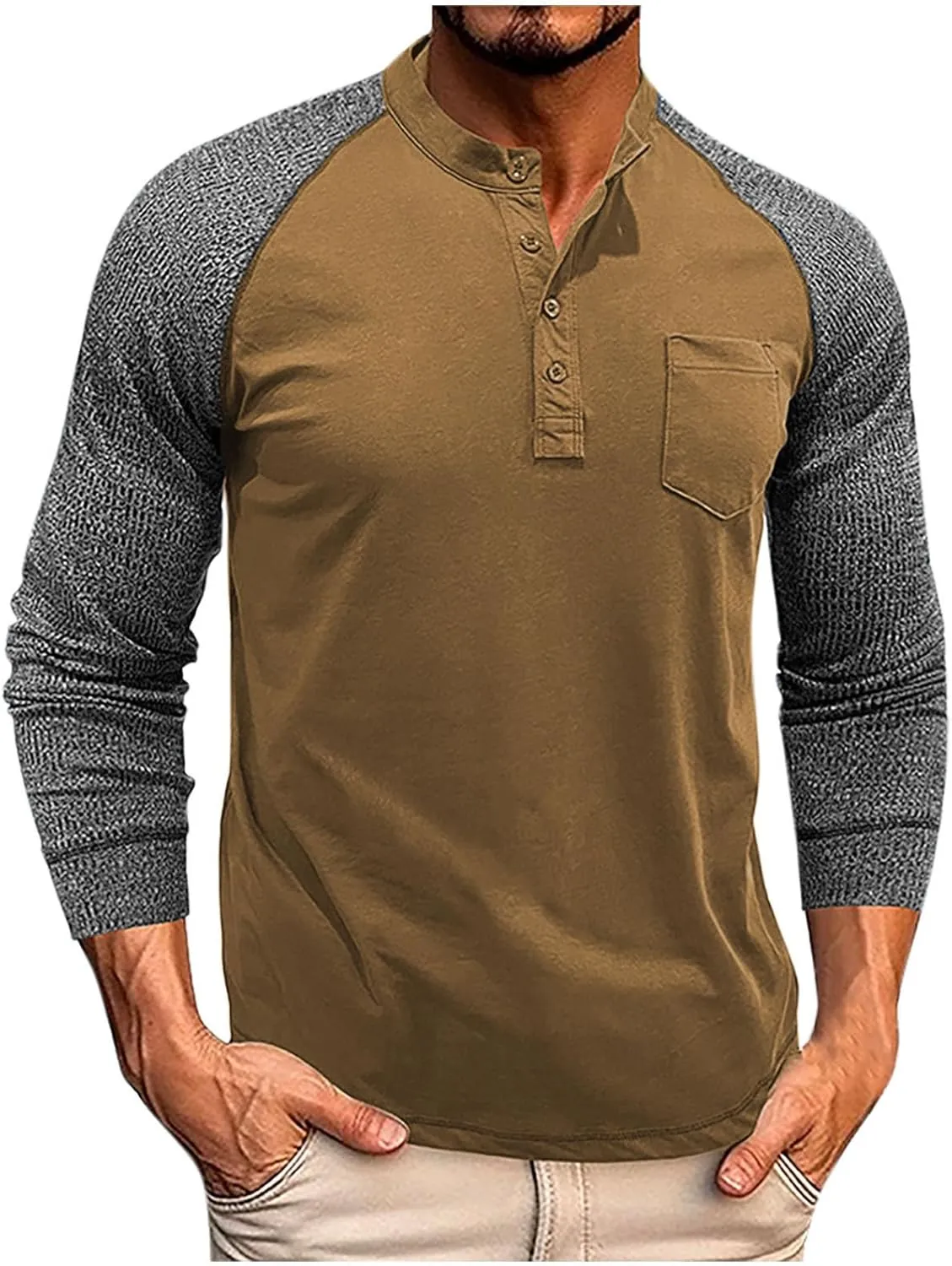 Muscularfit Shirts for Men Long Sleeve Button Up Henley Tshirt Casual Color Block Loose Pullover Athletic Gym Workout Tee Top