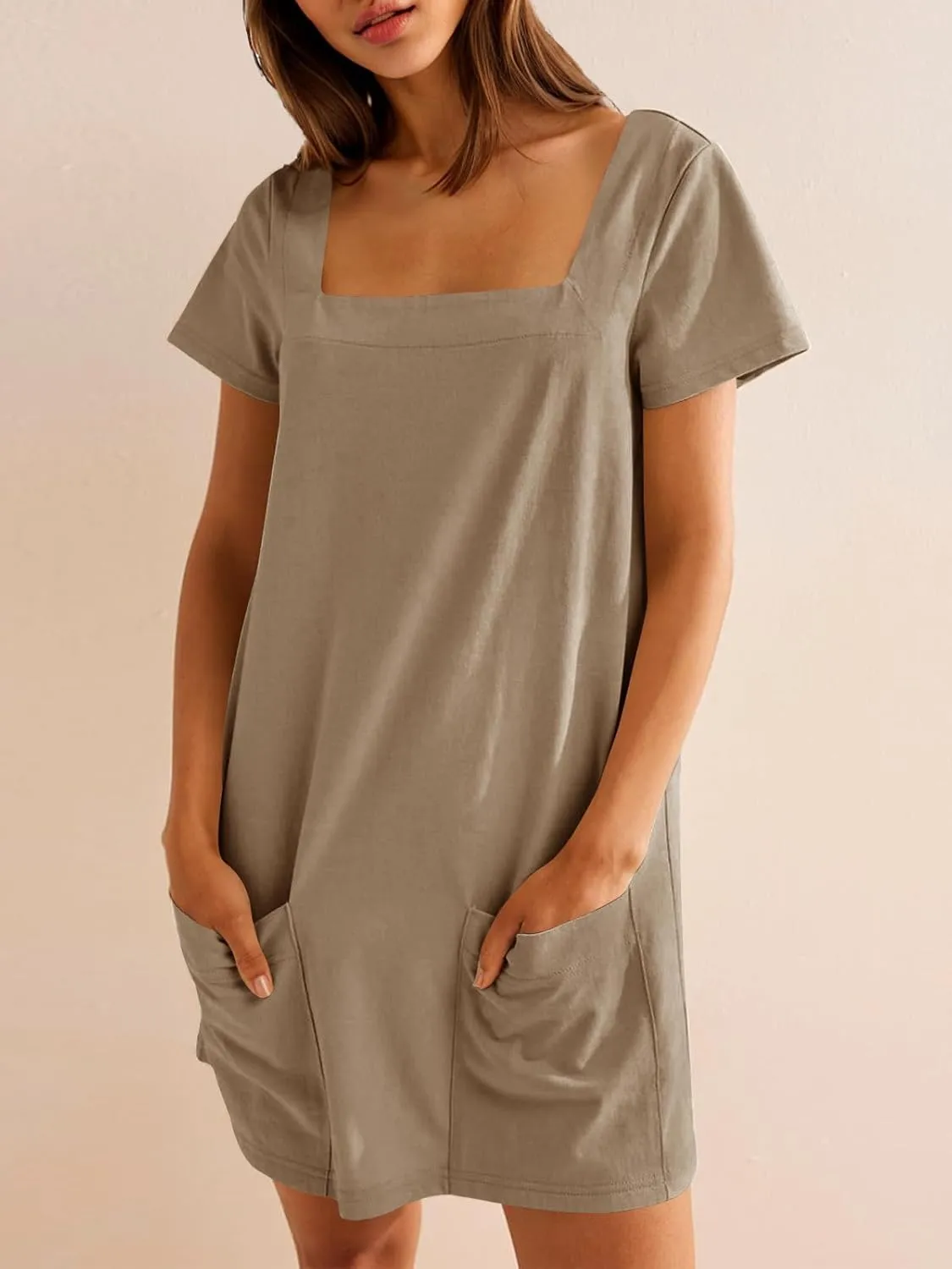 Naggoo Women Summer Sundresses Short Sleeve Square Neck Shift Tshirt Mini Dress with Pockets