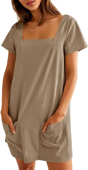 Naggoo Women Summer Sundresses Short Sleeve Square Neck Shift Tshirt Mini Dress with Pockets