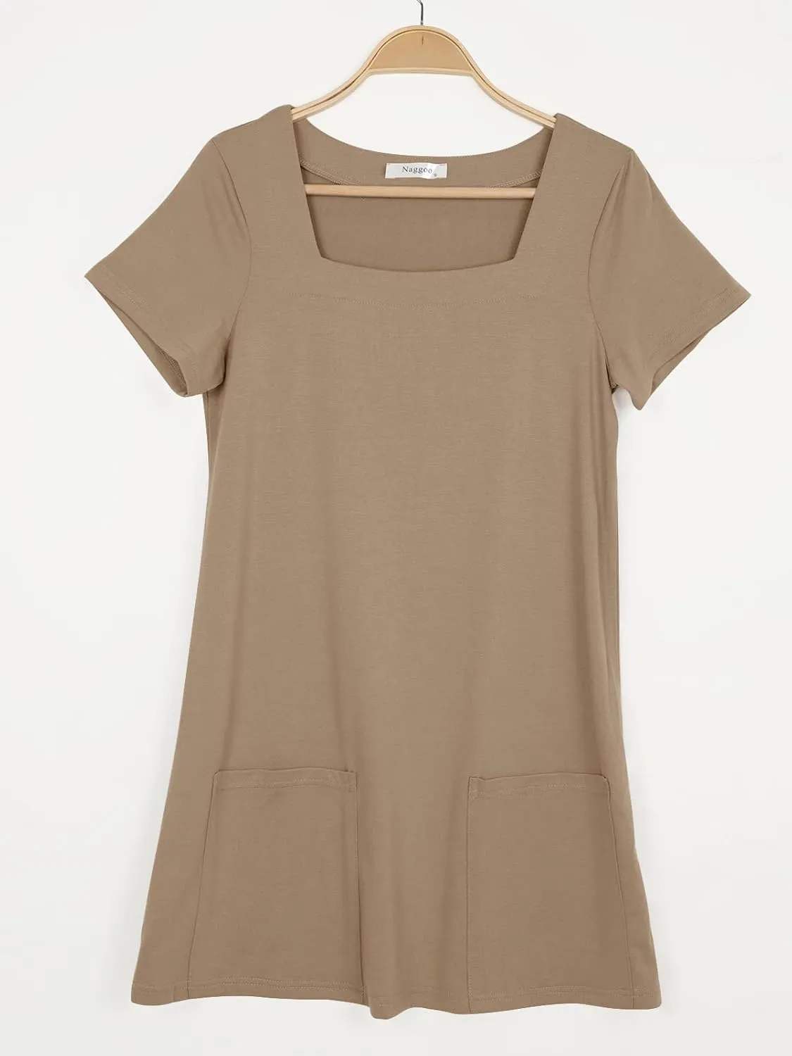 Naggoo Women Summer Sundresses Short Sleeve Square Neck Shift Tshirt Mini Dress with Pockets