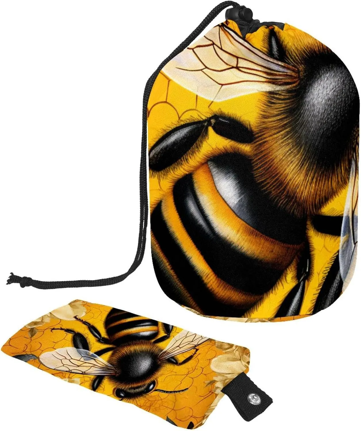 Nature Art Golden Bee Travel Cosmetic Bags Makeup Bag for Women, Foldable Drawstring Travel Cosmetic Bags, Portable Toiletry Bucket Bag