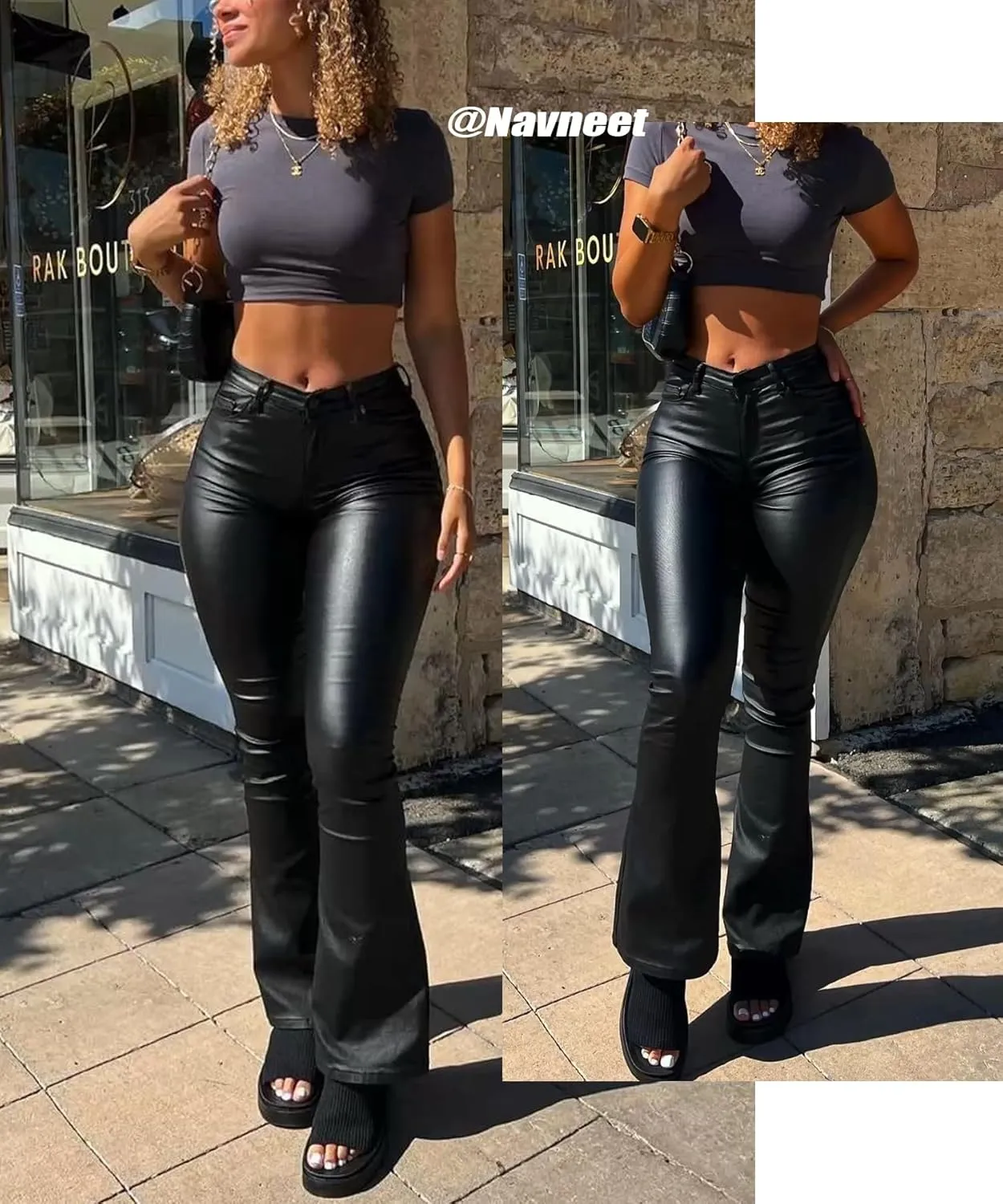 Navneet Women Faux Leather Pants PU High Waist Straight Leg Pant with Pockets Leather Leggings Bell Bottom Flare Pants