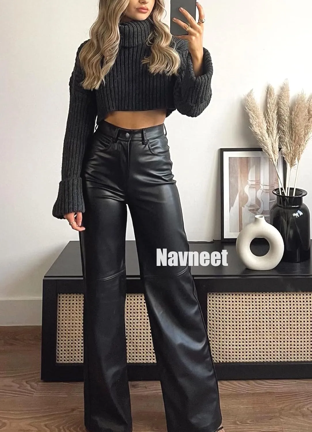 Navneet Women Faux Leather Pants PU High Waist Straight Leg Pant with Pockets Leather Leggings Bell Bottom Flare Pants
