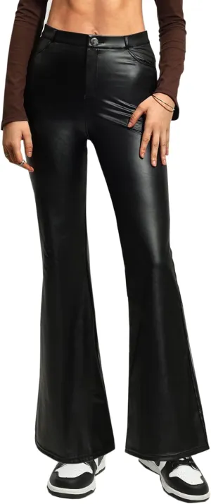 Navneet Women Faux Leather Pants PU High Waist Straight Leg Pant with Pockets Leather Leggings Bell Bottom Flare Pants