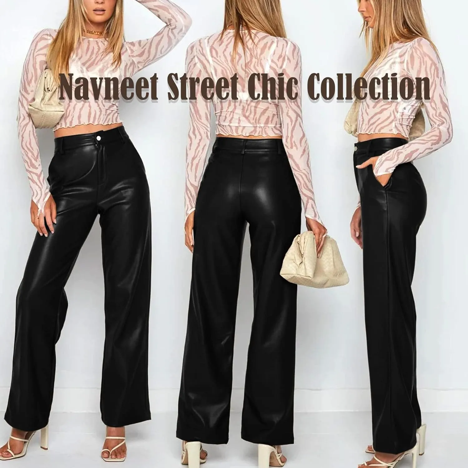 Navneet Women Faux Leather Pants PU High Waist Straight Leg Pant with Pockets Leather Leggings Bell Bottom Flare Pants
