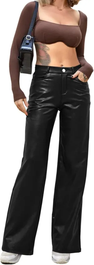 Navneet Women Faux Leather Pants PU High Waist Straight Leg Pant with Pockets Leather Leggings Bell Bottom Flare Pants