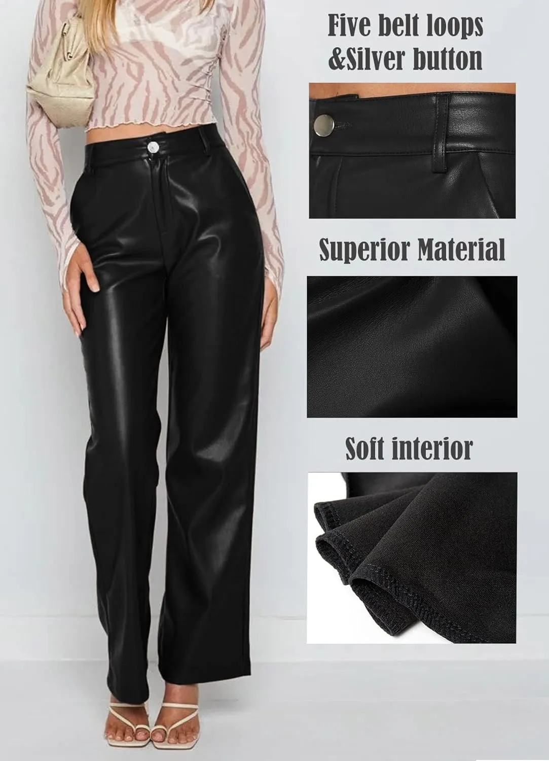 Navneet Women Faux Leather Pants PU High Waist Straight Leg Pant with Pockets Leather Leggings Bell Bottom Flare Pants