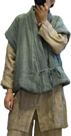 NFYM Women's Vintage Crop Irregular Wrap Front Vest Linen Soft Warm Quilted Sleeveless Jacket with Pocket