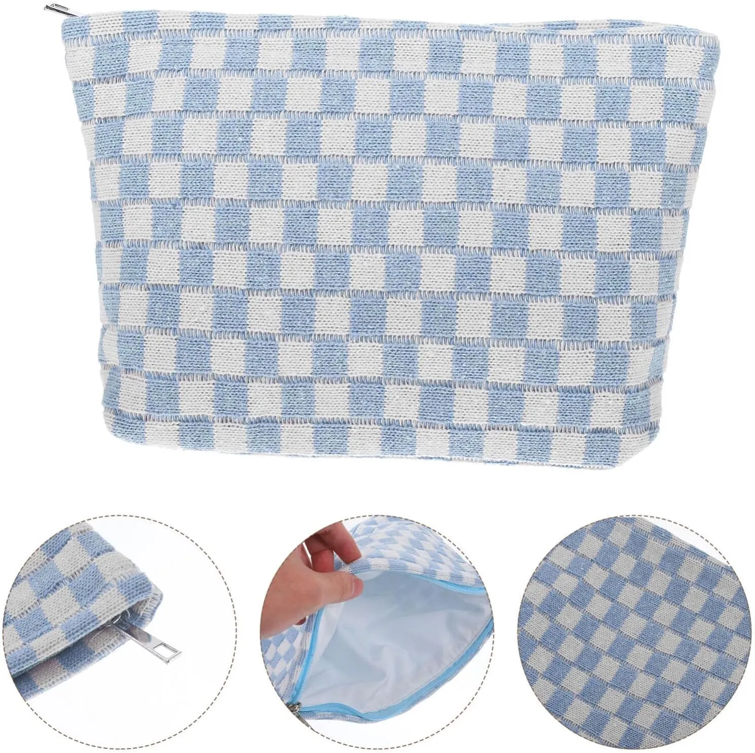 NOLITOY Checkered Makeup Bag Knitting Fabric Cosmetic Storage Case Toiletry Pouch Zipper Travel Organizer for Shampoo Shower Gel Toothbrush Holder Blue