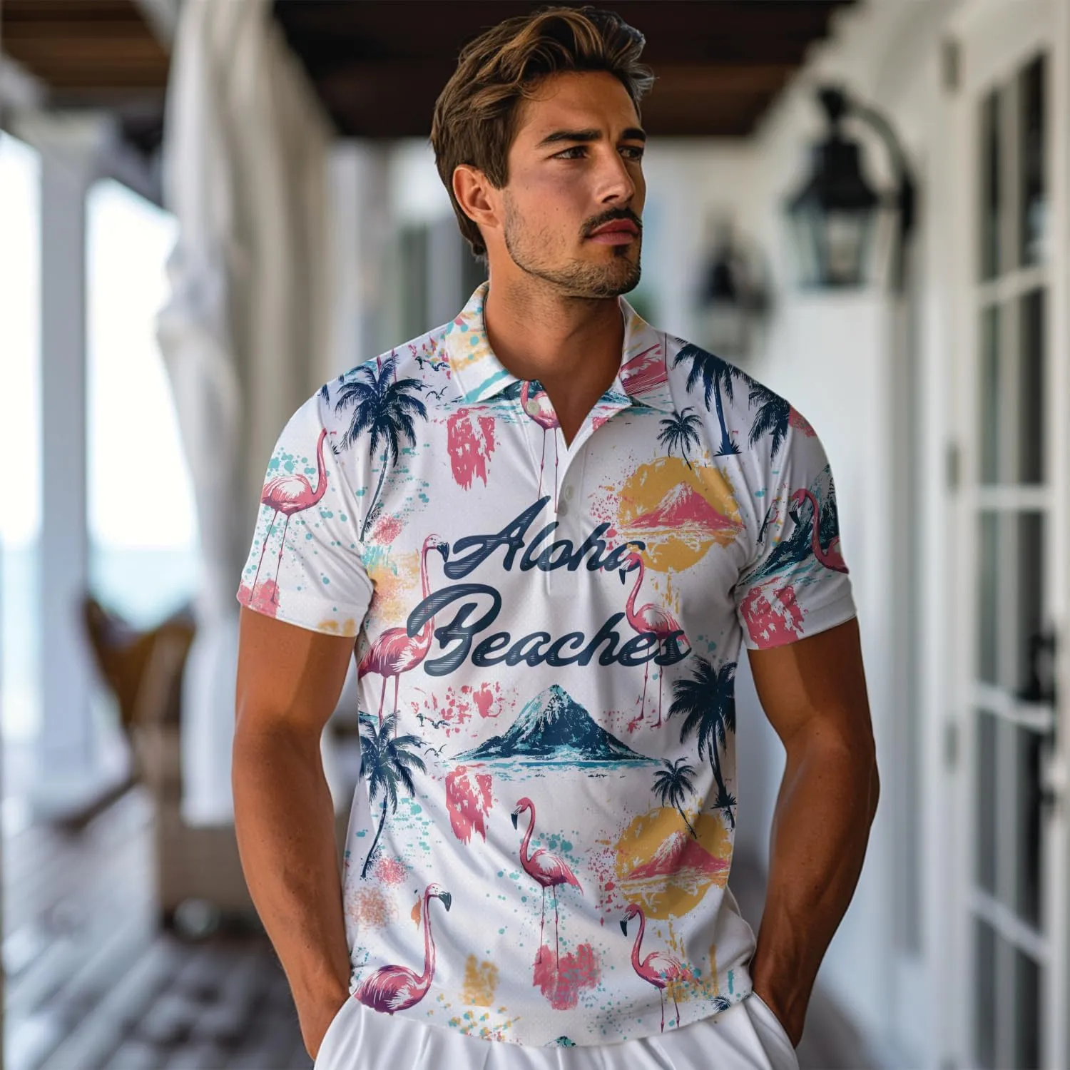 Oceans Polo Shirts for Men - Beach Lover Stylish Mens Goft Shirt Casual Short Sleeve Button Down Outfit Set 46