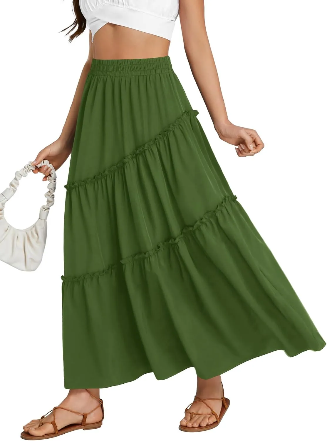 OPOIPIN Women's High Elastic Waist Ruffle Tiered Flowy Beach Summer A-Line Maxi Skirt