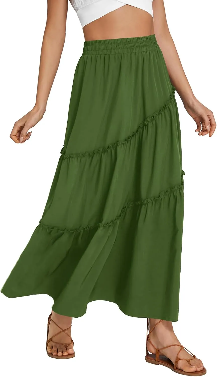 OPOIPIN Women's High Elastic Waist Ruffle Tiered Flowy Beach Summer A-Line Maxi Skirt