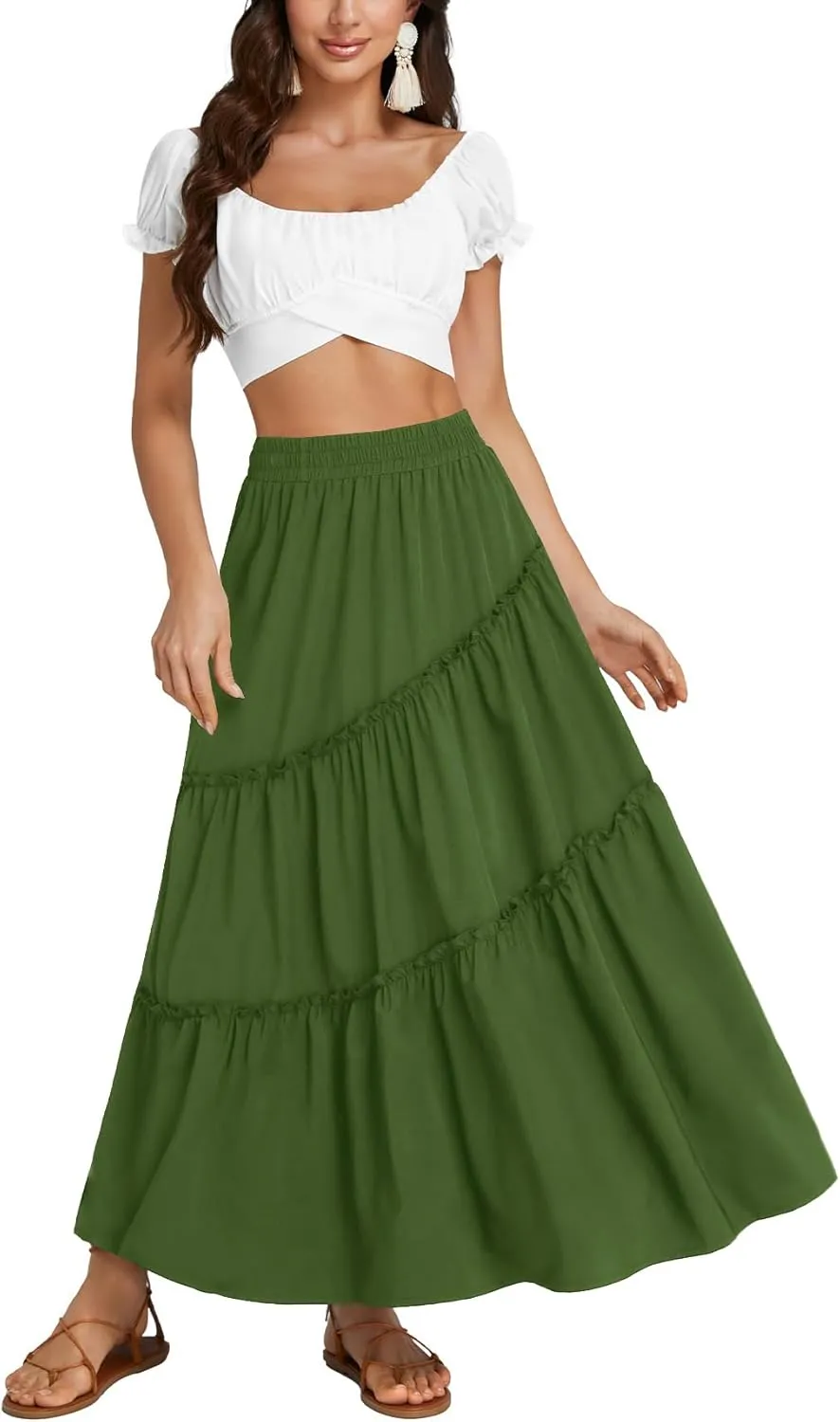 OPOIPIN Women's High Elastic Waist Ruffle Tiered Flowy Beach Summer A-Line Maxi Skirt