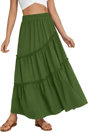 OPOIPIN Women's High Elastic Waist Ruffle Tiered Flowy Beach Summer A-Line Maxi Skirt